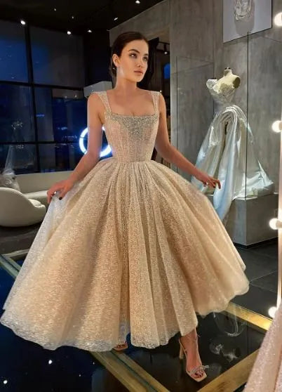 A-LINE CHAMPAGNE GLITTER SLEEVELESS WEDDING DRESS