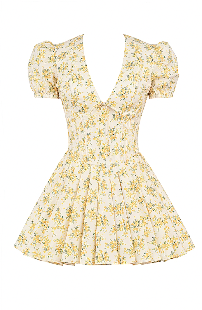 CARLOTTA FLORAL PLEATED MINI DRESS FOR WEDDING GUEST