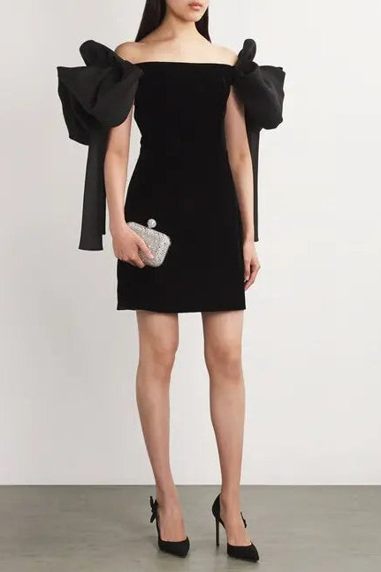 Carolina_Herrera_Velvet_Mini_Dress JULIE BOW OFF-SHOULDER MINI DRESS BLACK