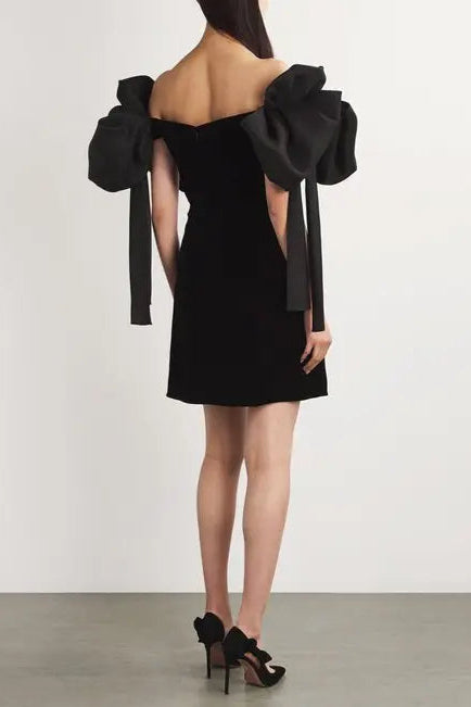 JULIE BOW OFF-SHOULDER MINI DRESS BLACK