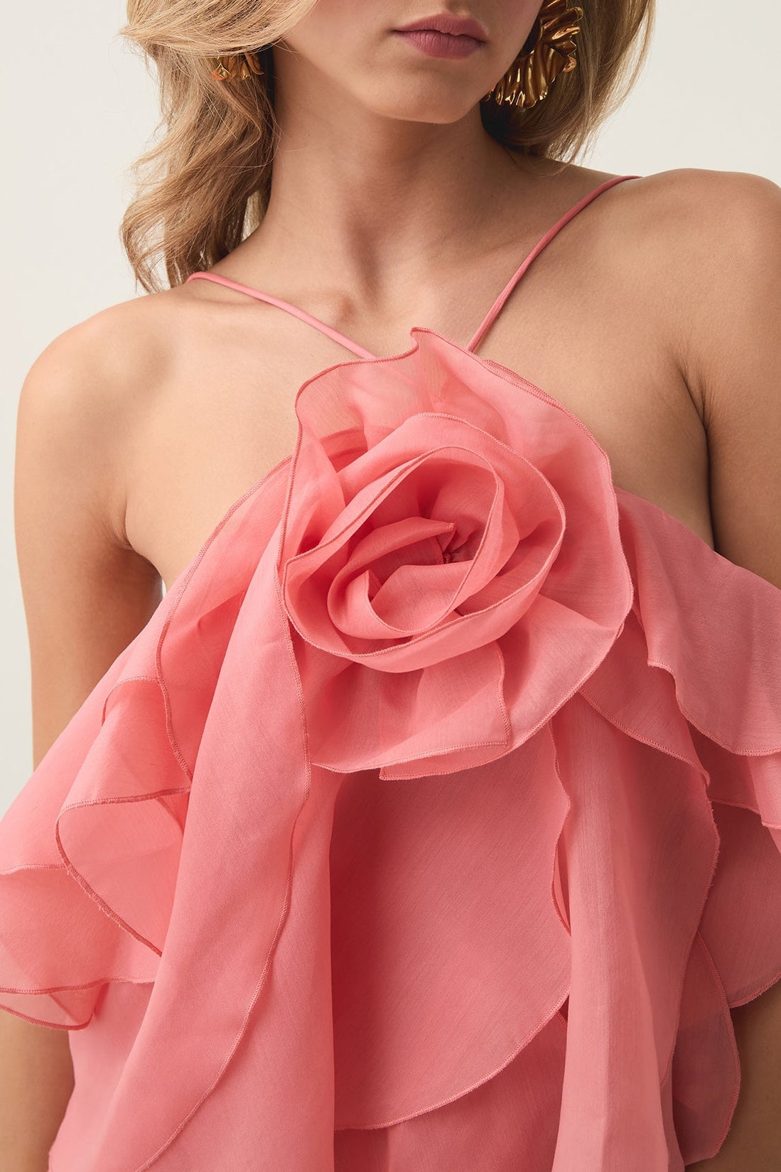 LORRAINE ORANGE FLORAL RUFFLE HALTER MINI DRESS
