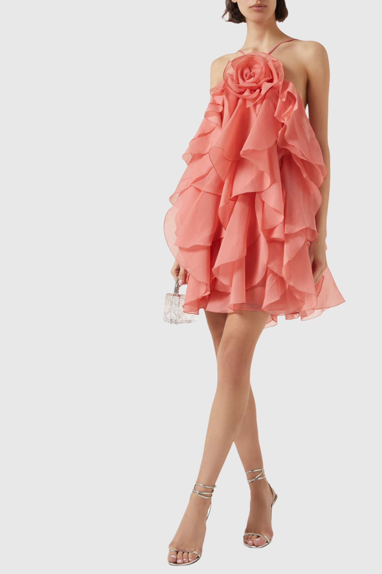 LORRAINE ORANGE FLORAL RUFFLE HALTER MINI DRESS