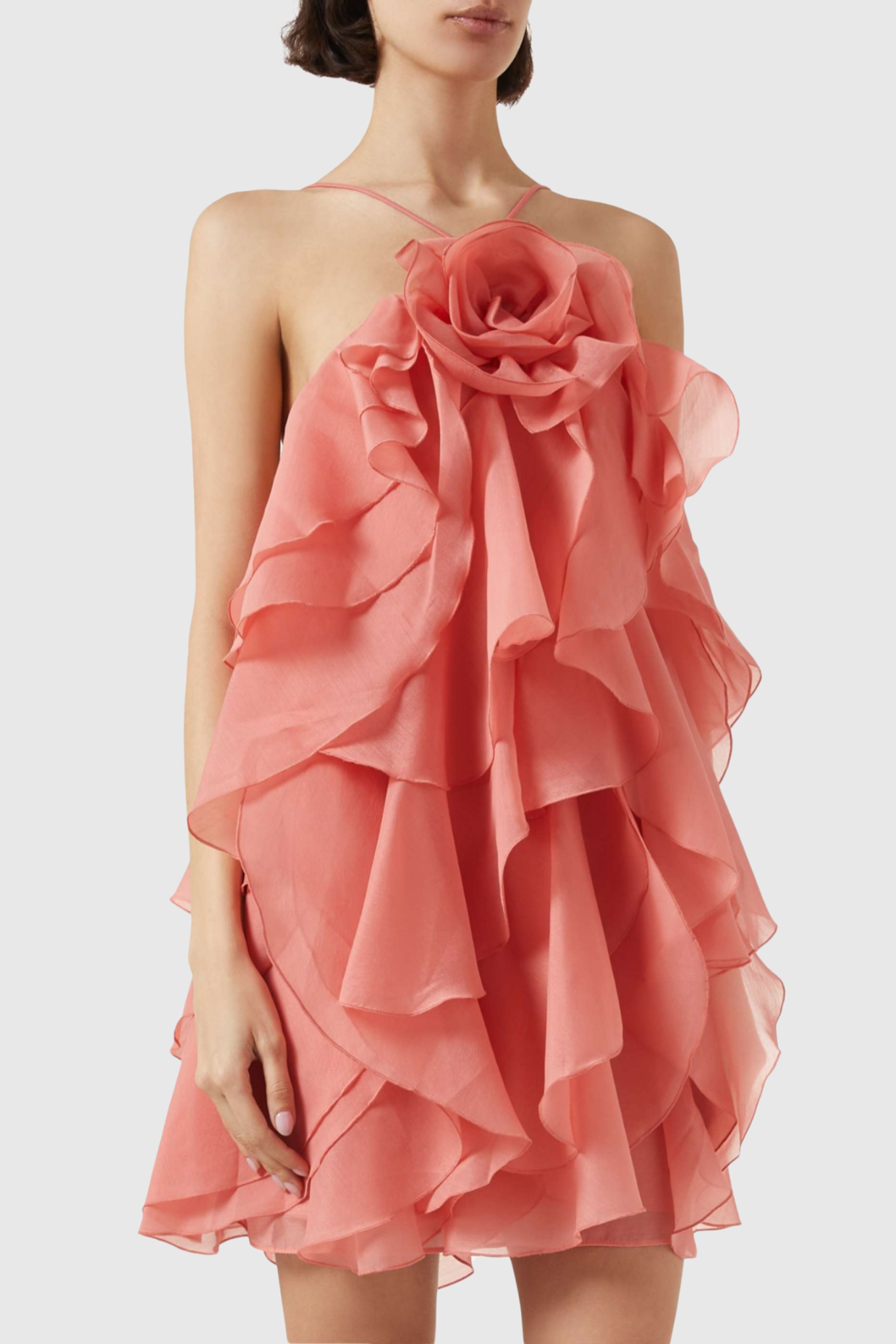 LORRAINE ORANGE FLORAL RUFFLE HALTER MINI DRESS