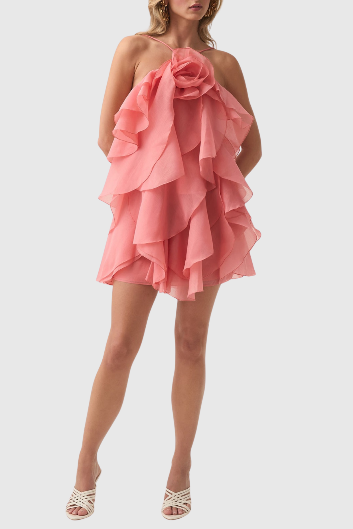 CaysieHalterFloralRuffleLayeredMiniDress-Orange_7 LORRAINE ORANGE FLORAL RUFFLE HALTER MINI DRESS