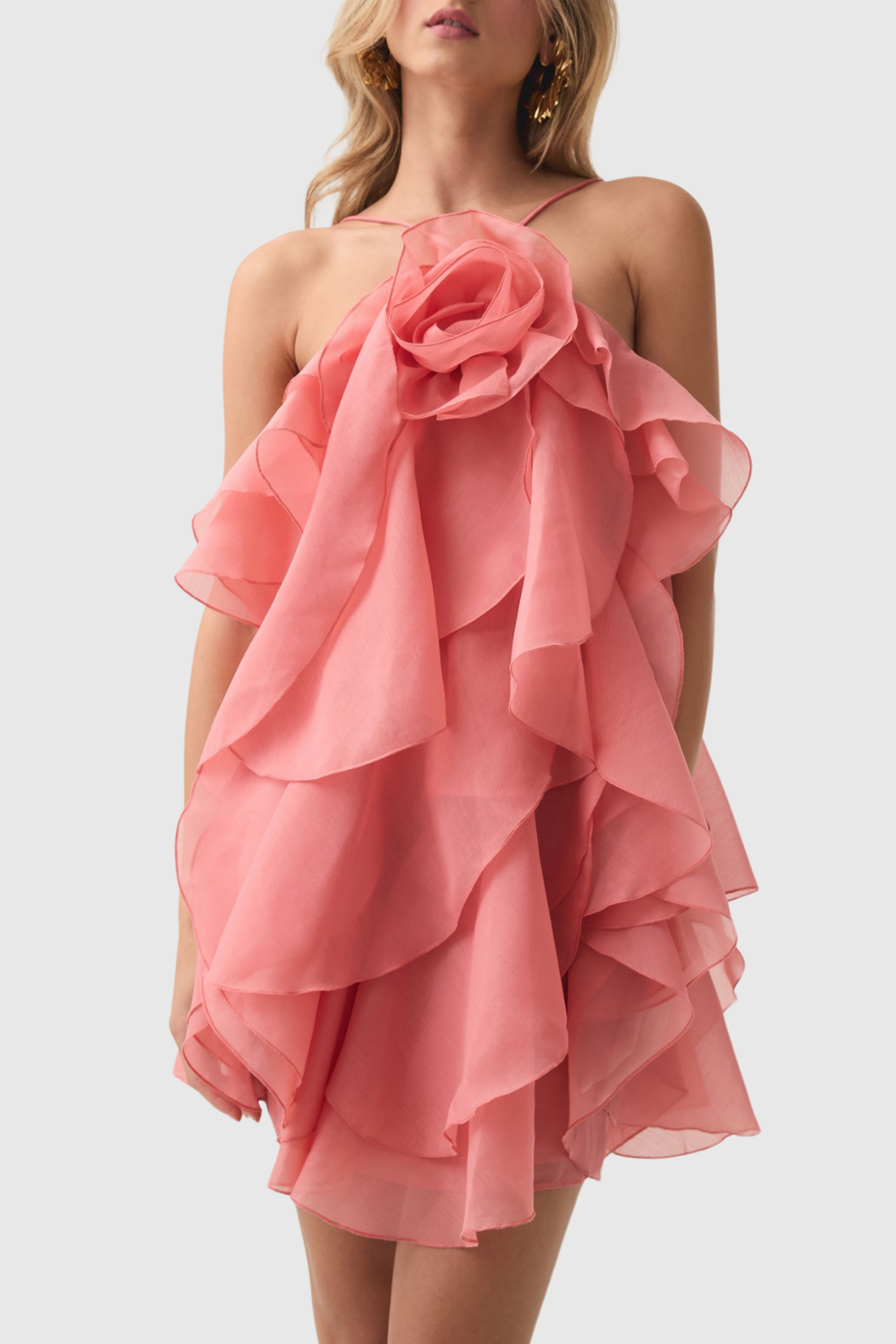 LORRAINE ORANGE FLORAL RUFFLE HALTER MINI DRESS