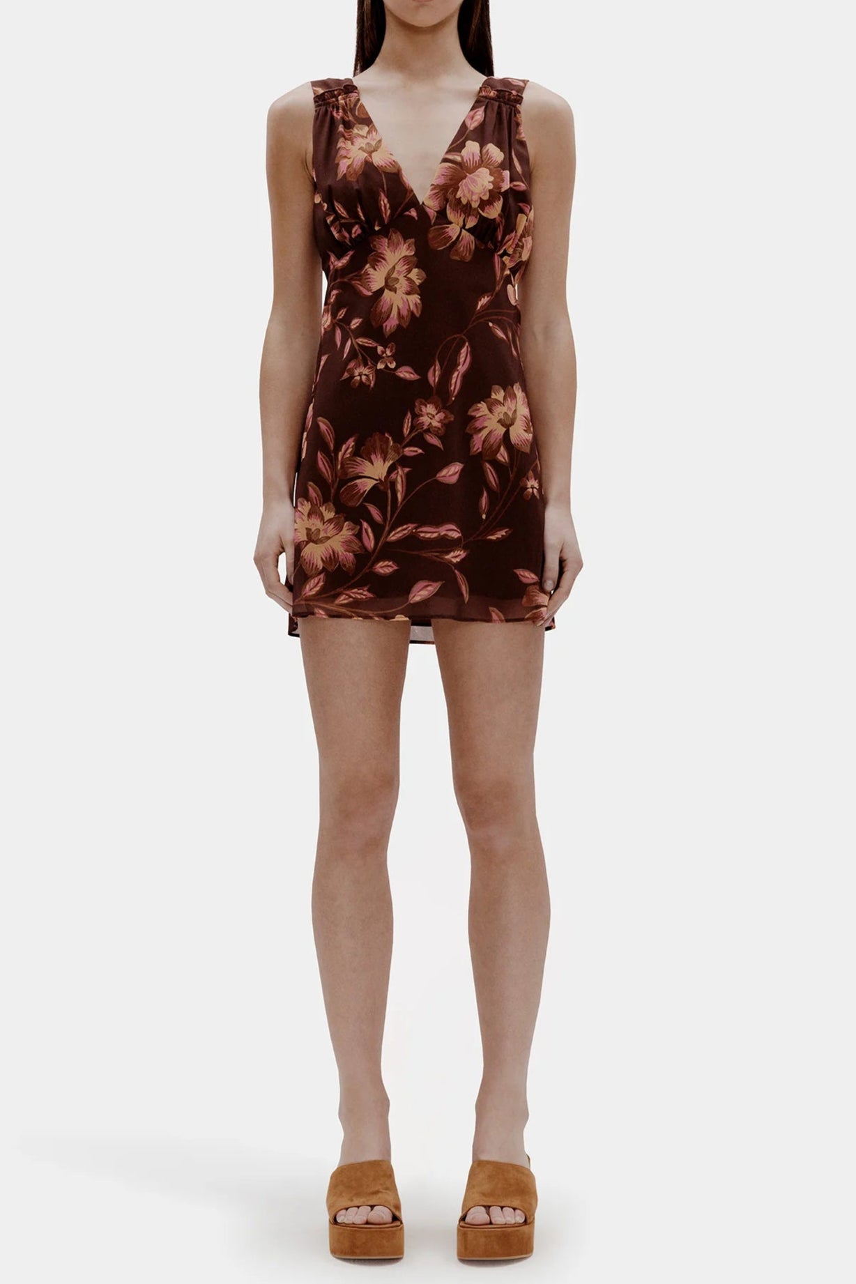 TEA PRINT BACKLESS MINI DRESS BROWN