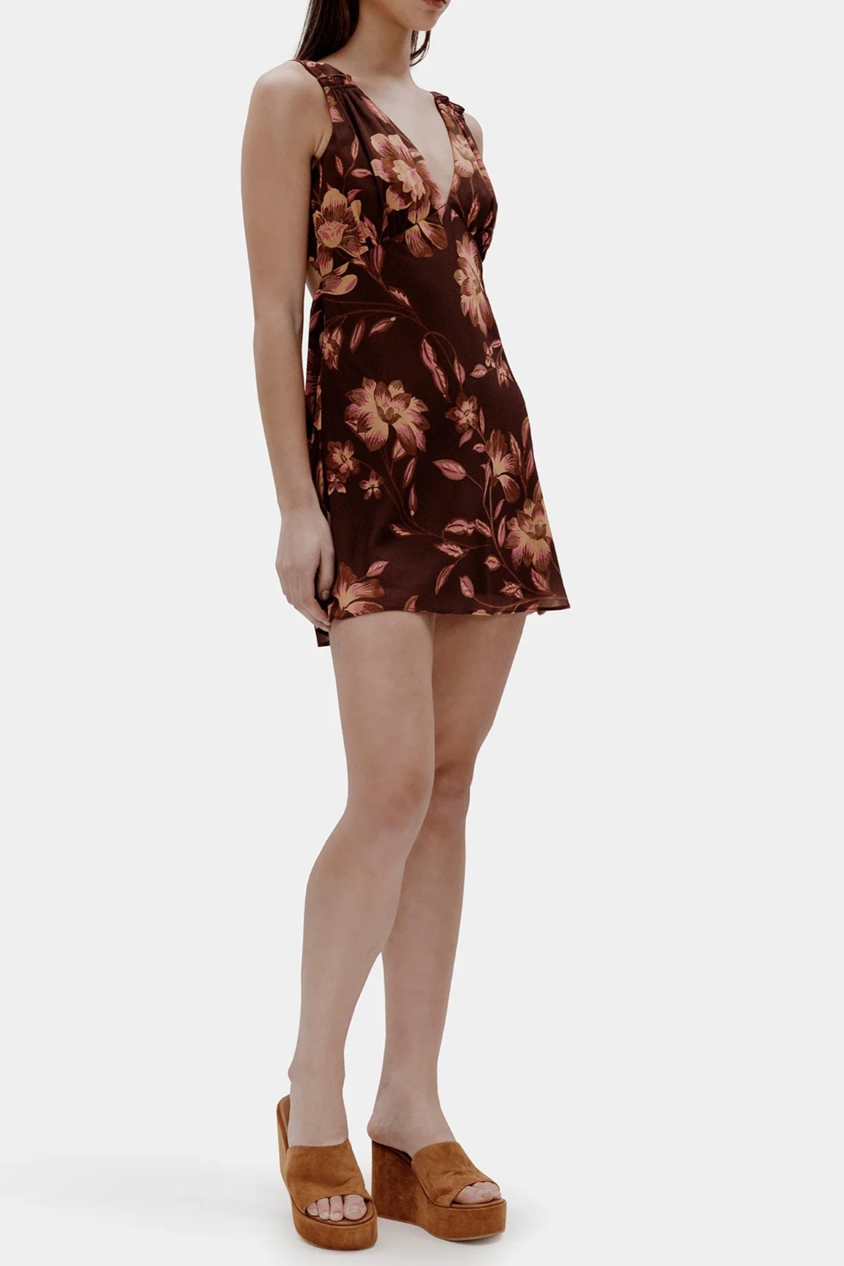 TEA PRINT BACKLESS MINI DRESS BROWN