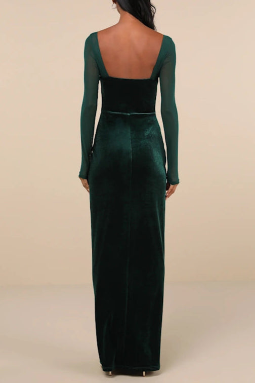 VELVET MESH EMERALD MAXI DRESS, LONG SLEEVE, EVENING