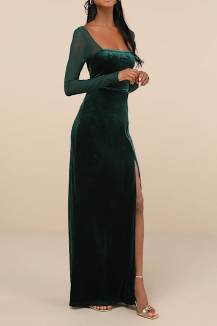 VELVET MESH EMERALD MAXI DRESS, LONG SLEEVE, EVENING