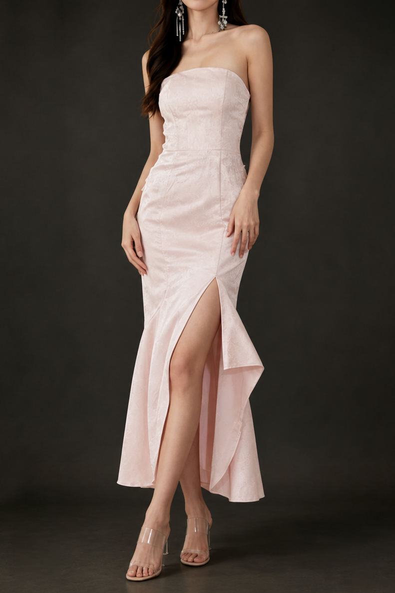 Light Pink Strapless Jacquard Mermaid Maxi Dress