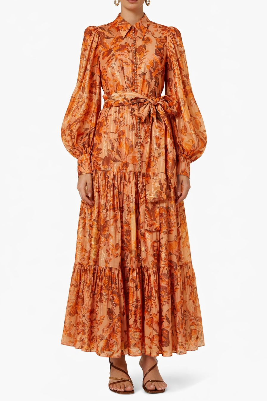 BROWN PRINTED BALLOON SLEEVE MAXI DRESS FOR WOMEN