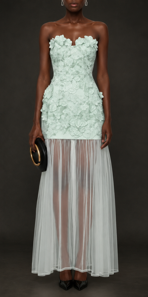MINT FLORAL EMBROIDERY STRAPLESS MAXI DRESS