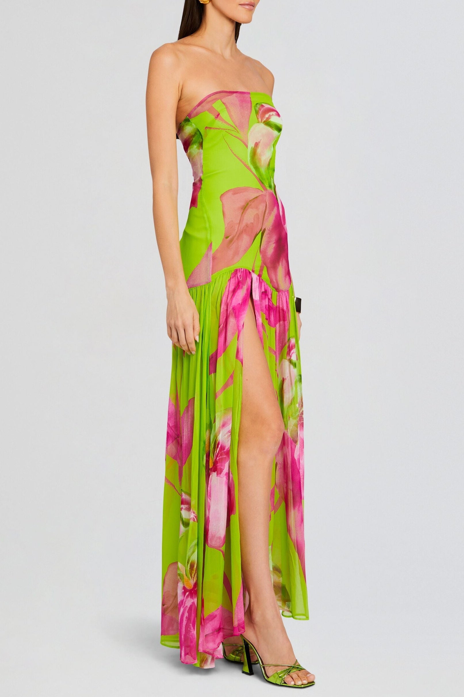 SHMAKA GREEN FLORAL STRAPLESS SLIT MAXI DRESS