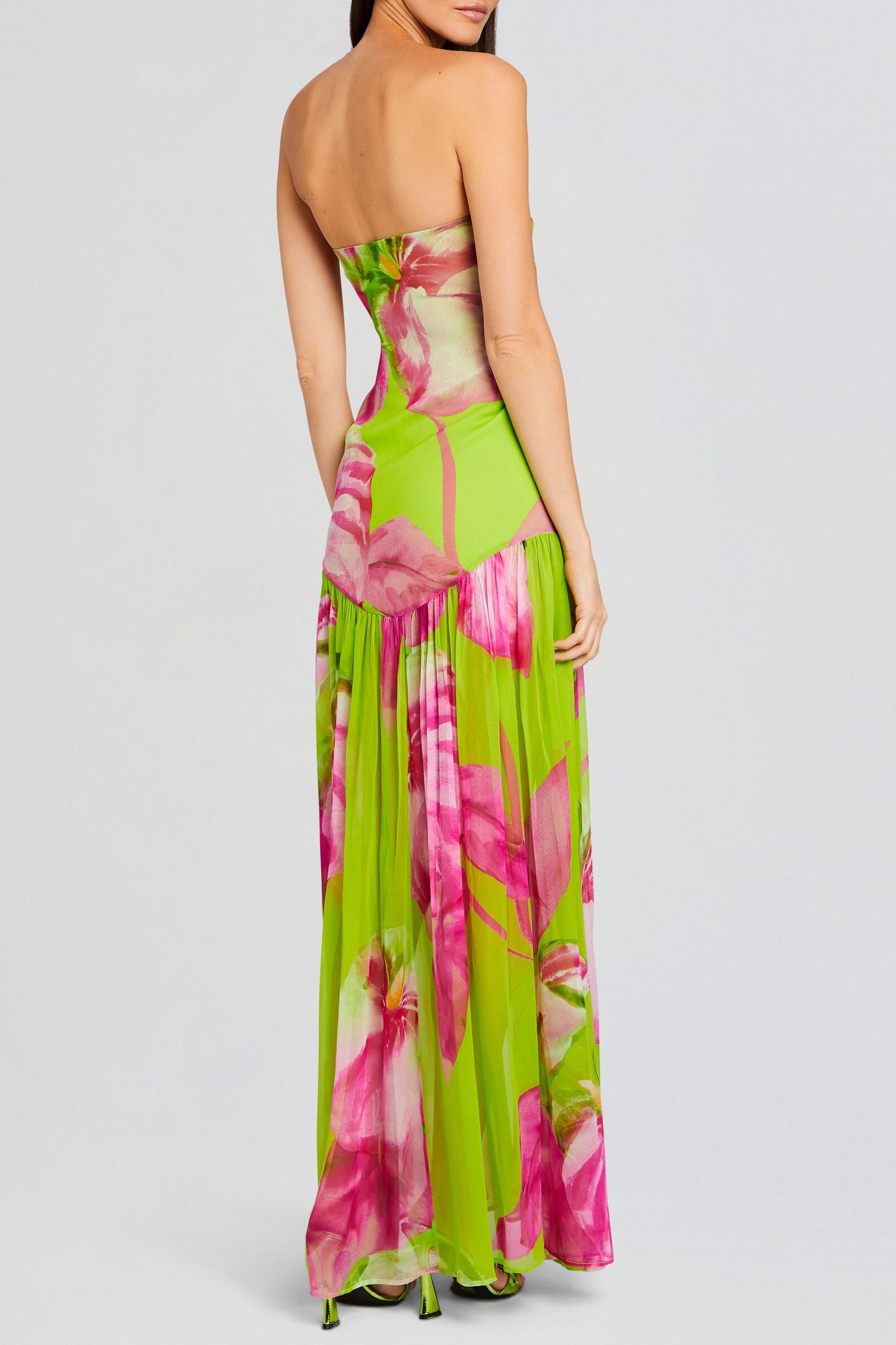 SHMAKA GREEN FLORAL STRAPLESS SLIT MAXI DRESS