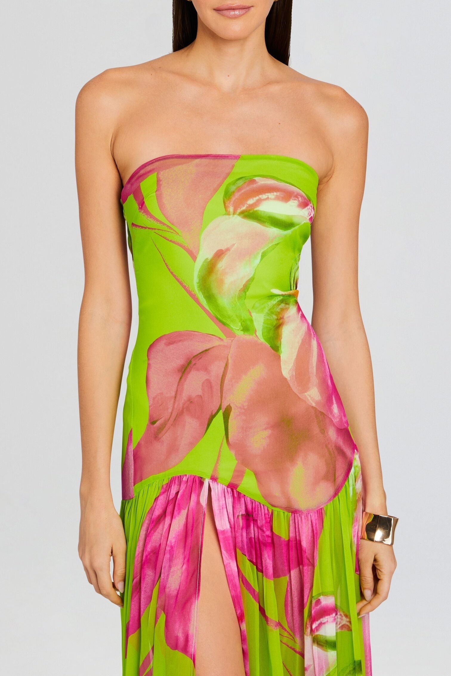 SHMAKA GREEN FLORAL STRAPLESS SLIT MAXI DRESS