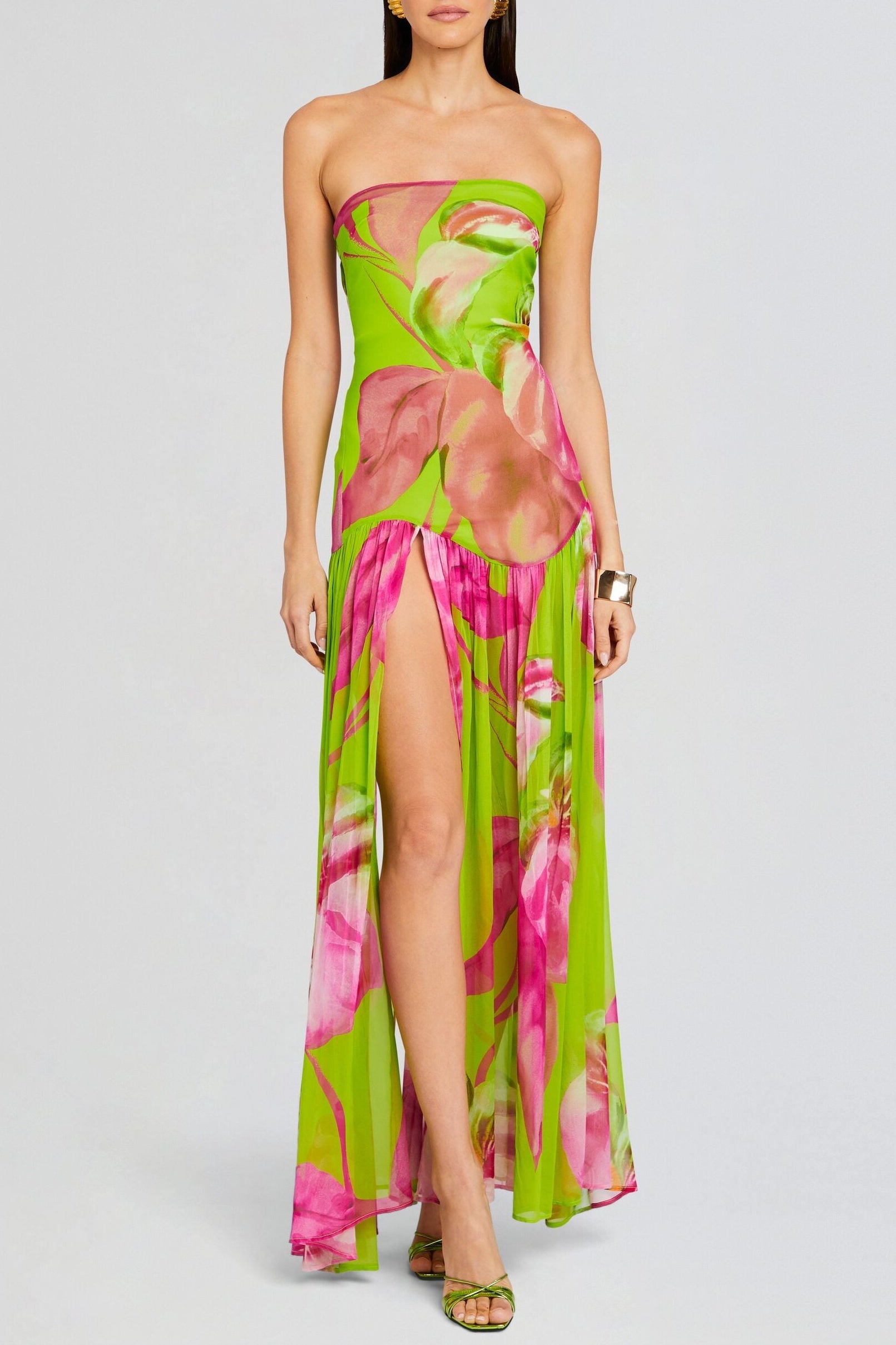 SHMAKA GREEN FLORAL STRAPLESS SLIT MAXI DRESS