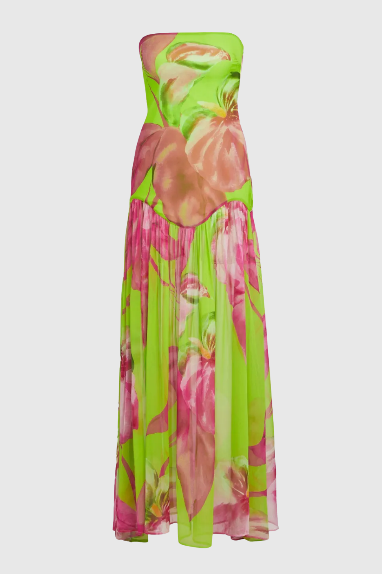 SHMAKA GREEN FLORAL STRAPLESS SLIT MAXI DRESS