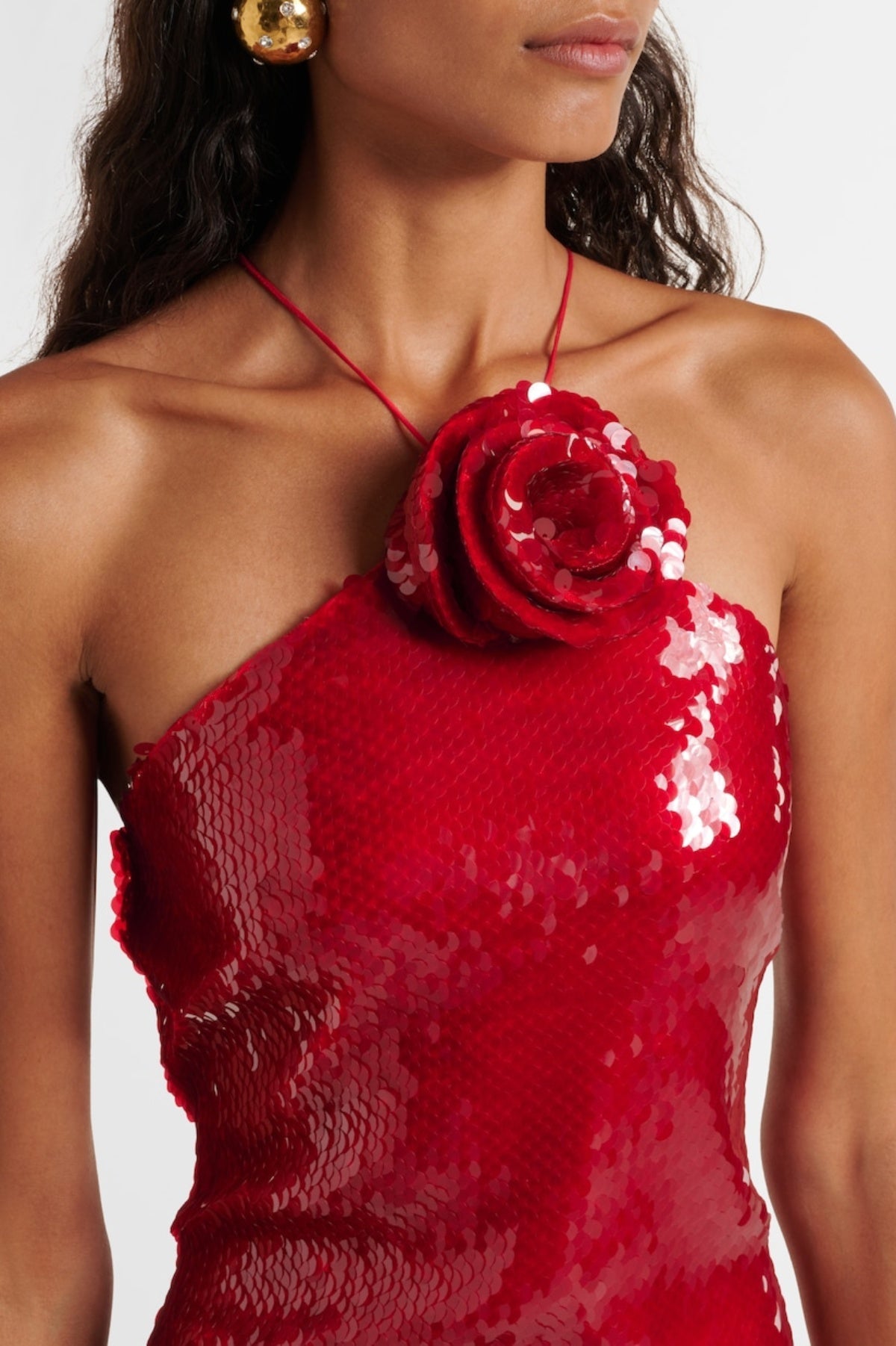 CINWA FLORAL SEQUIN HALTER MINI DRESS - RED