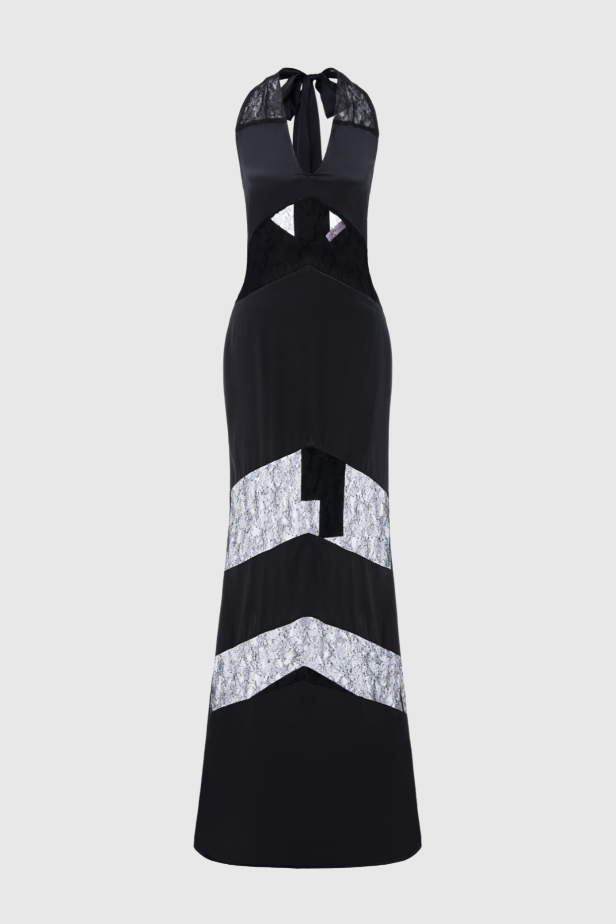 CLORA SATIN HALTER LACE MAXI DRESS BLACK