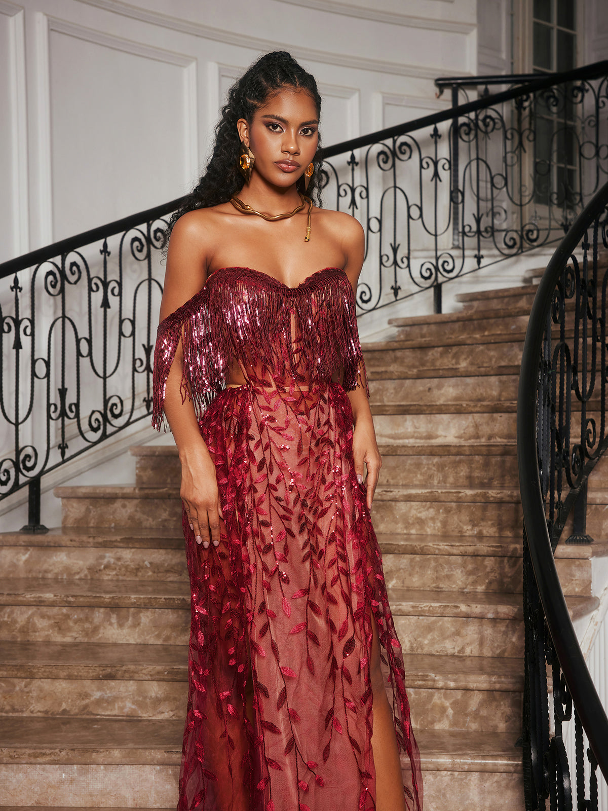 STRAPLESS LEAFY FRINGE MAXI DRESS, WINE, WEDDING GUEST