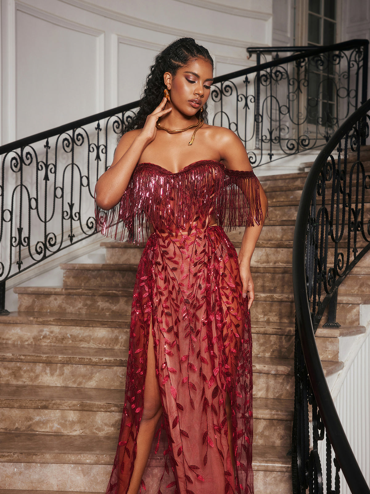 STRAPLESS LEAFY FRINGE MAXI DRESS, WINE, WEDDING GUEST