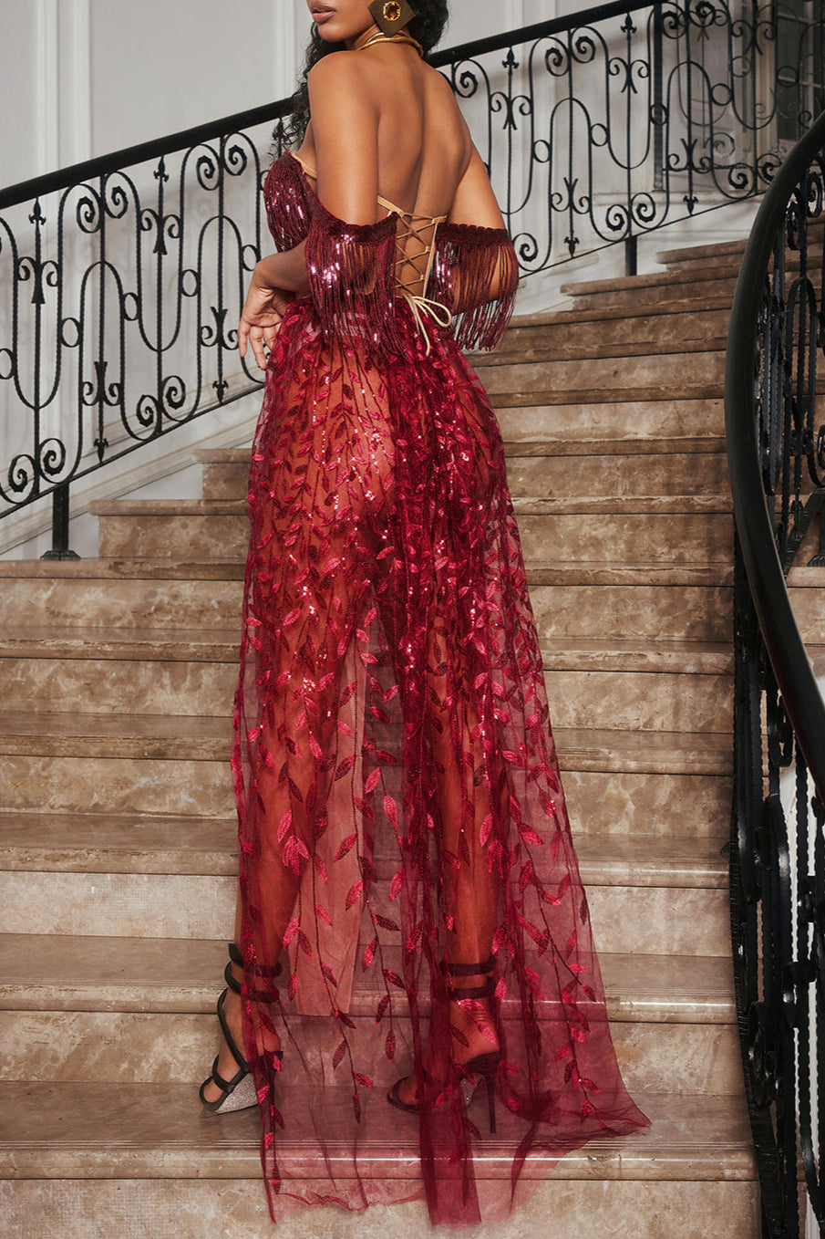 STRAPLESS LEAFY FRINGE MAXI DRESS, WINE, WEDDING GUEST