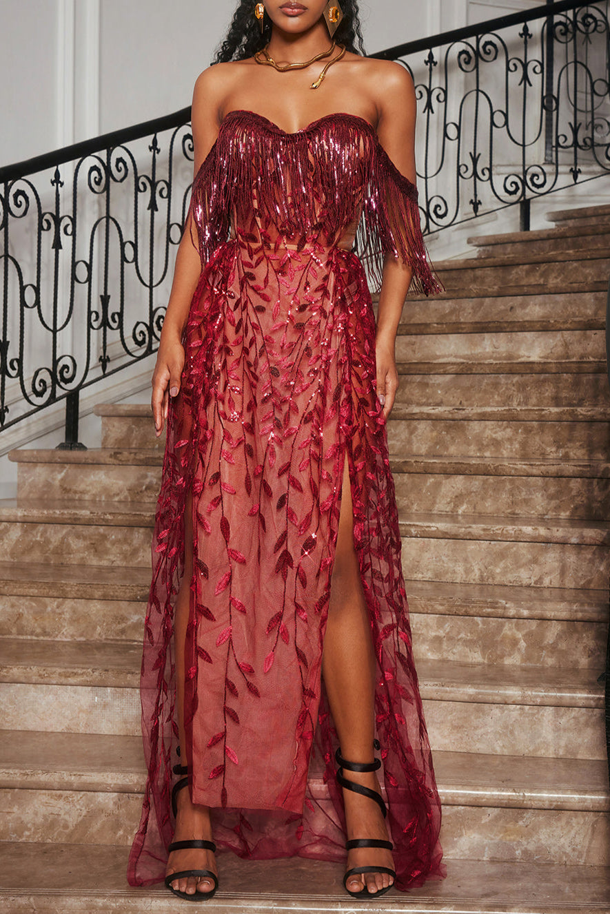 STRAPLESS LEAFY FRINGE MAXI DRESS, WINE, WEDDING GUEST