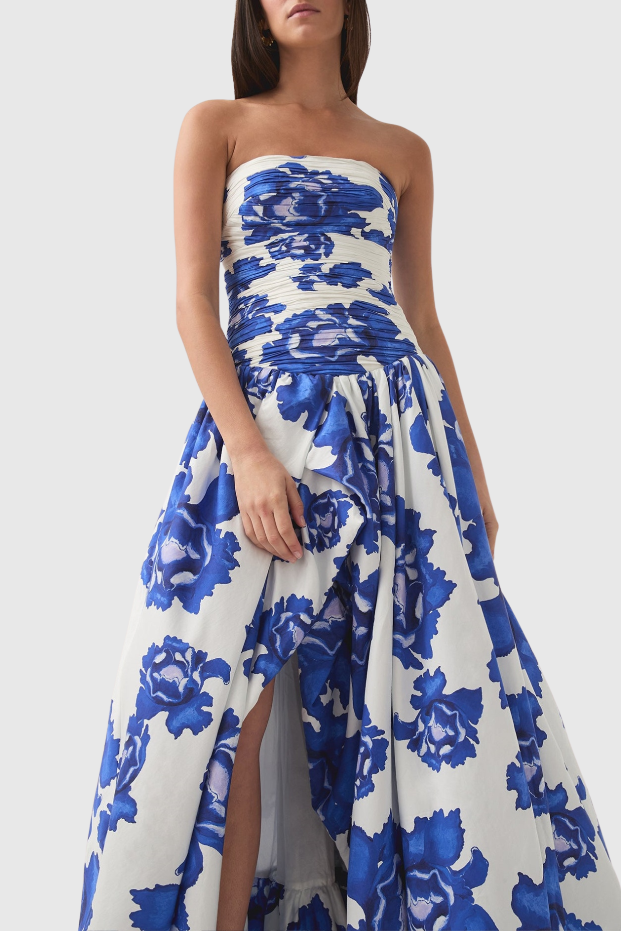 COLEKA FLORAL STRAPLESS RUCHED MAXI DRESS BLUE