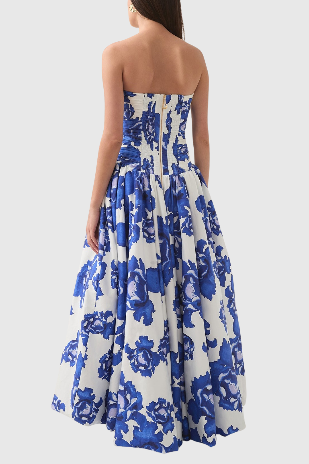 COLEKA FLORAL STRAPLESS RUCHED MAXI DRESS BLUE