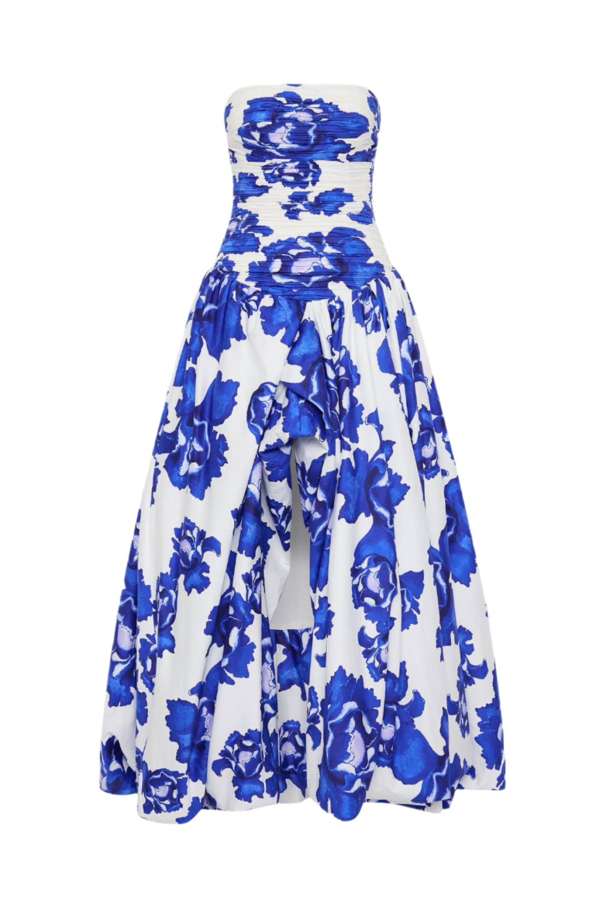 COLEKA FLORAL STRAPLESS RUCHED MAXI DRESS BLUE