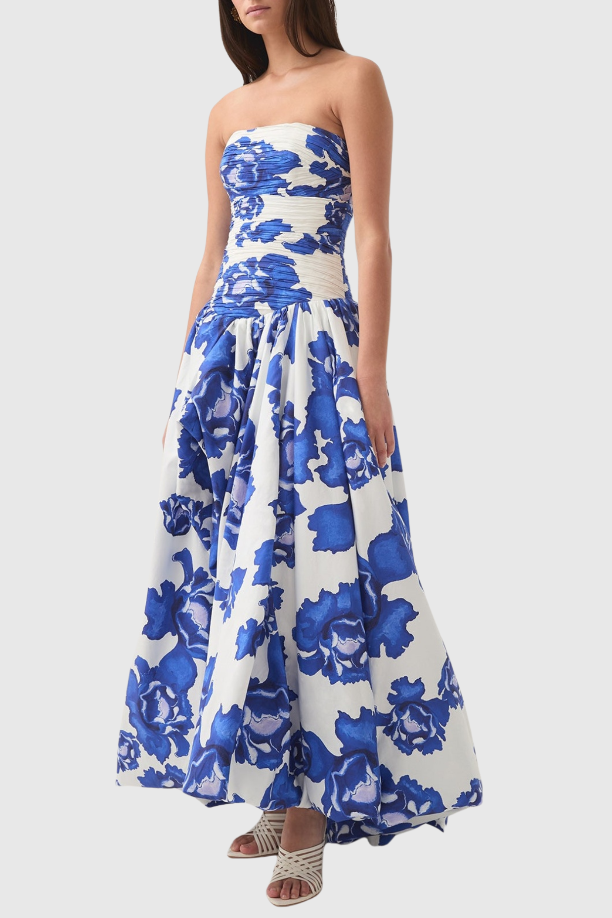 COLEKA FLORAL STRAPLESS RUCHED MAXI DRESS BLUE