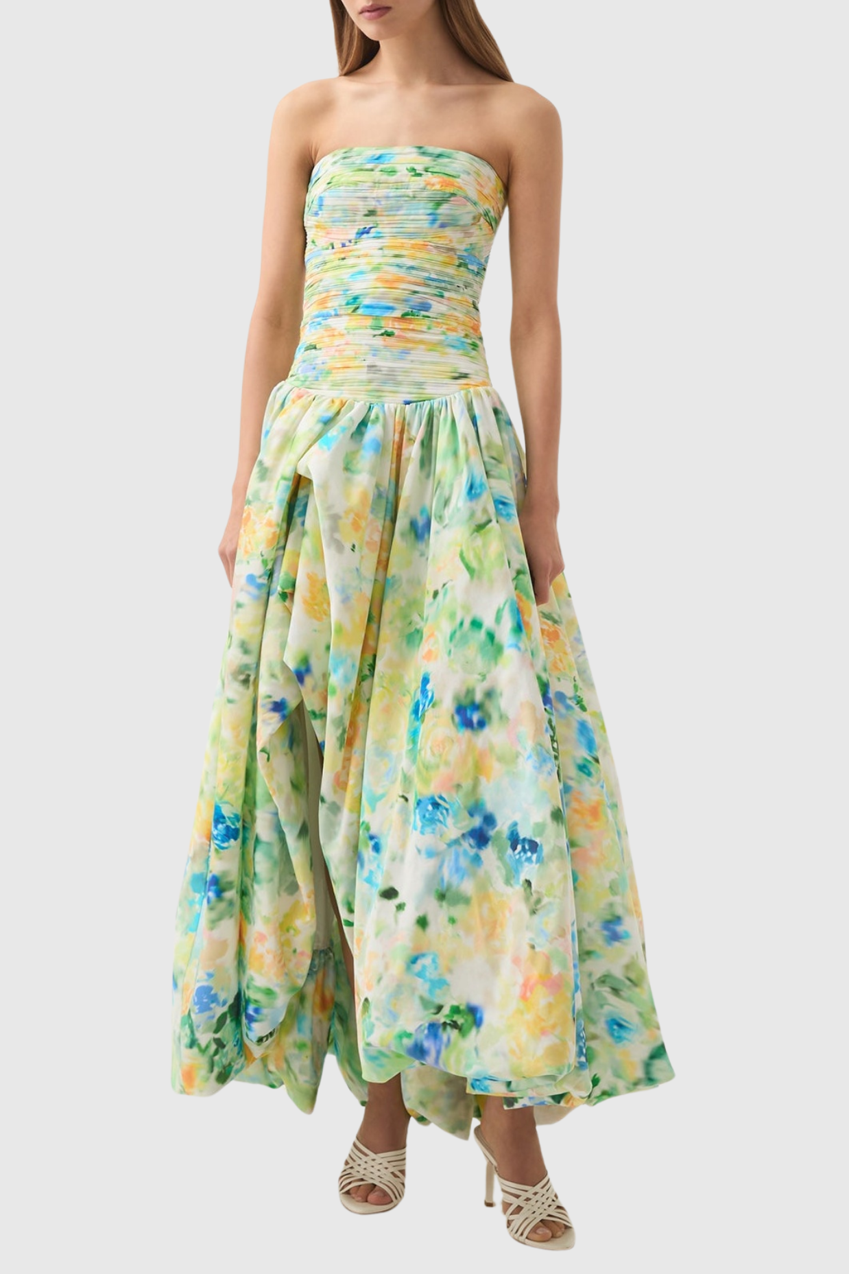 COLEKA FLORAL STRAPLESS RUCHED MAXI DRESS - GREEN