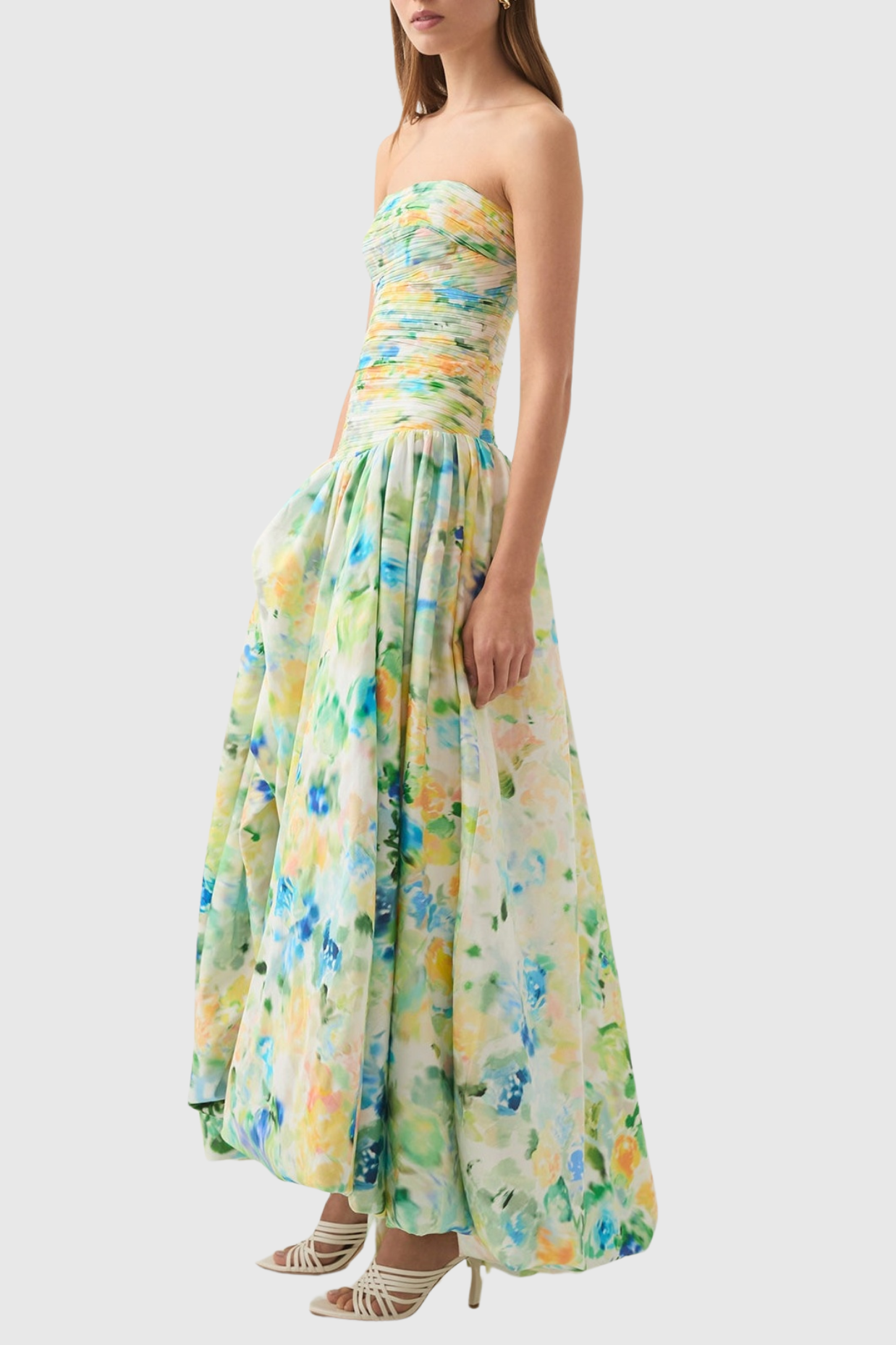 COLEKA FLORAL STRAPLESS RUCHED MAXI DRESS - GREEN