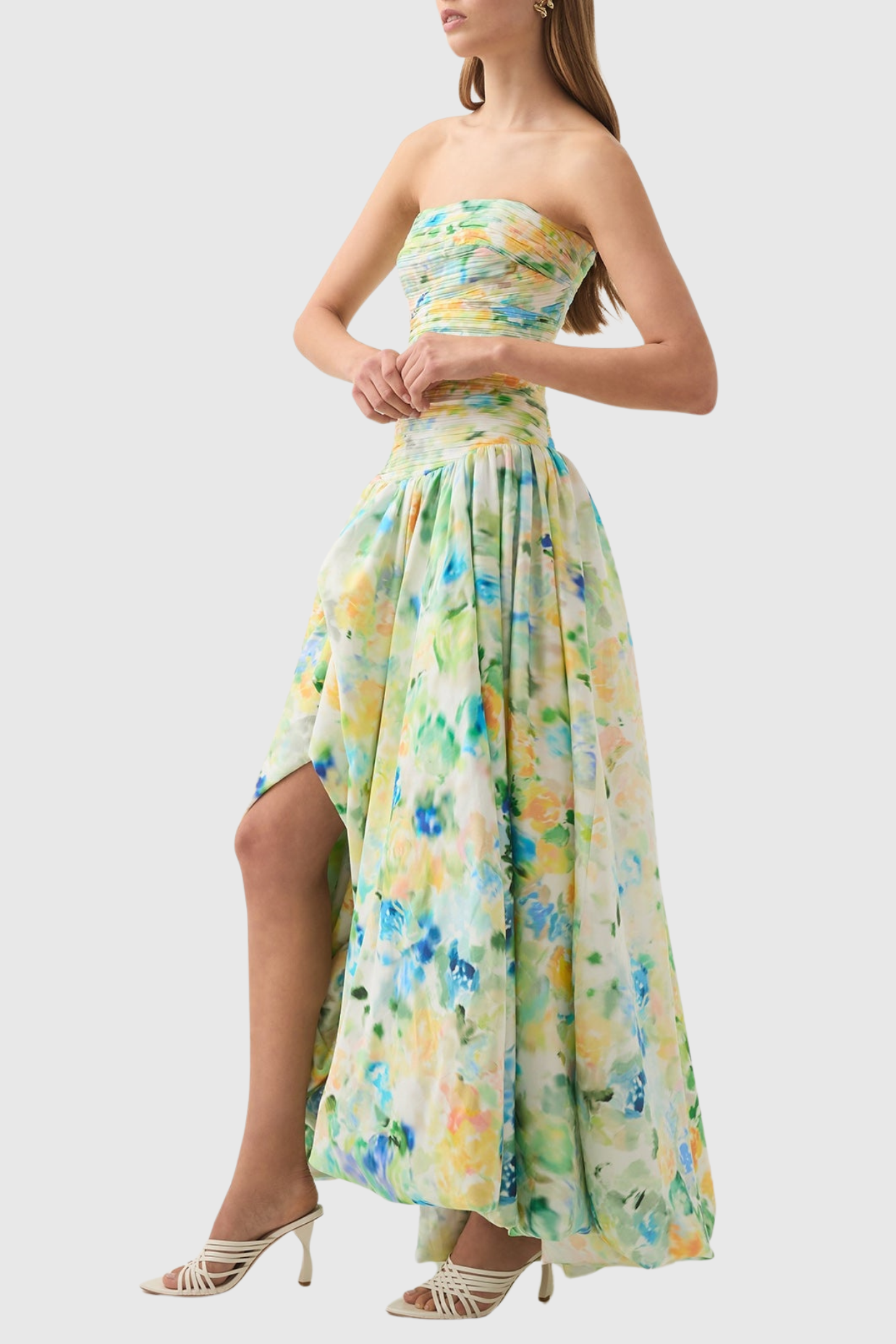 COLEKA FLORAL STRAPLESS RUCHED MAXI DRESS - GREEN