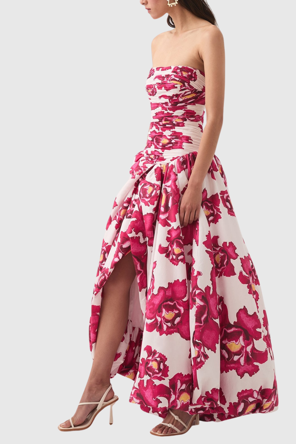 COLEKA FLORAL RUCHED STRAPLESS MAXI DRESS - PINK