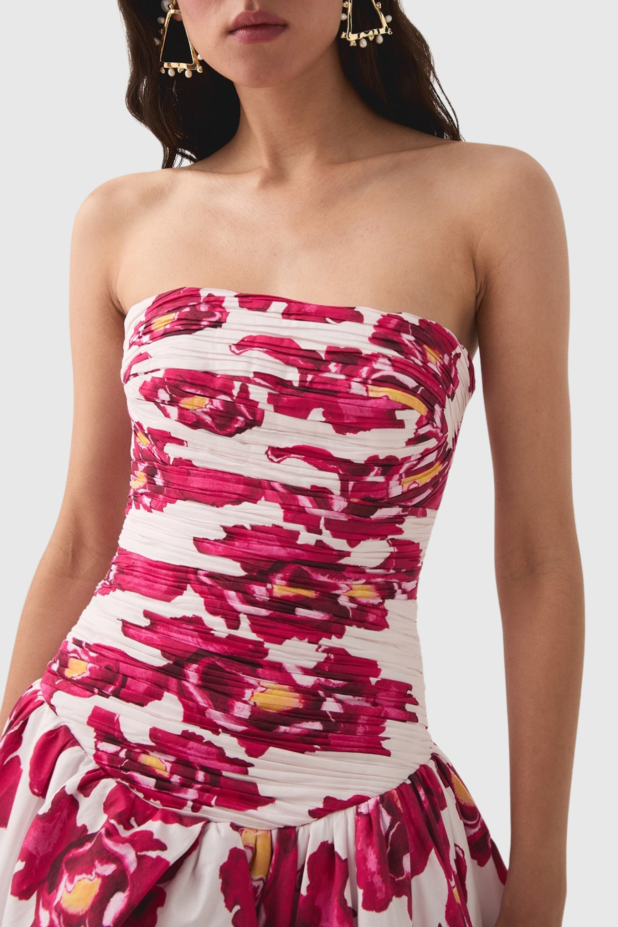COLEKA FLORAL RUCHED STRAPLESS MAXI DRESS - PINK