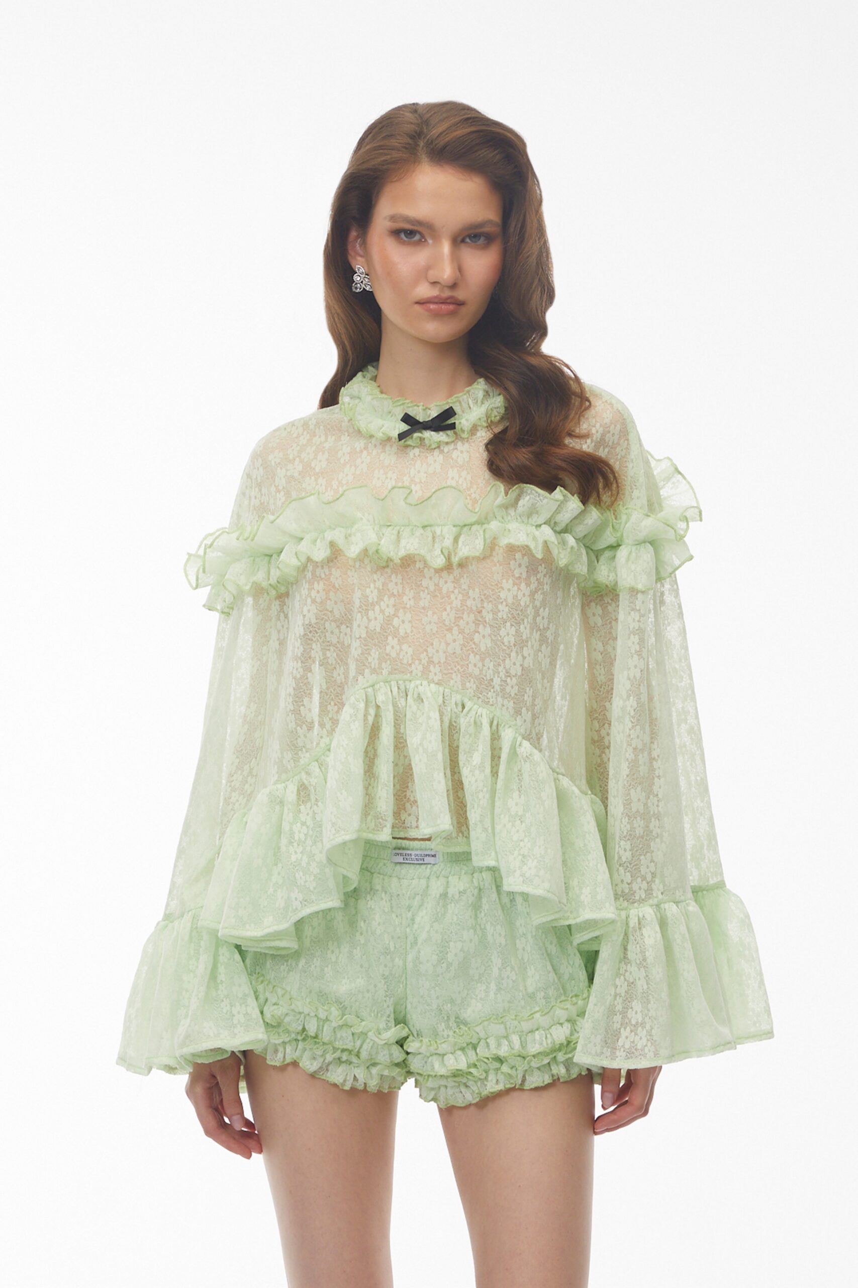 VANESSA MINT GREEN LACE RUFFLED TOP & SHORTS SET