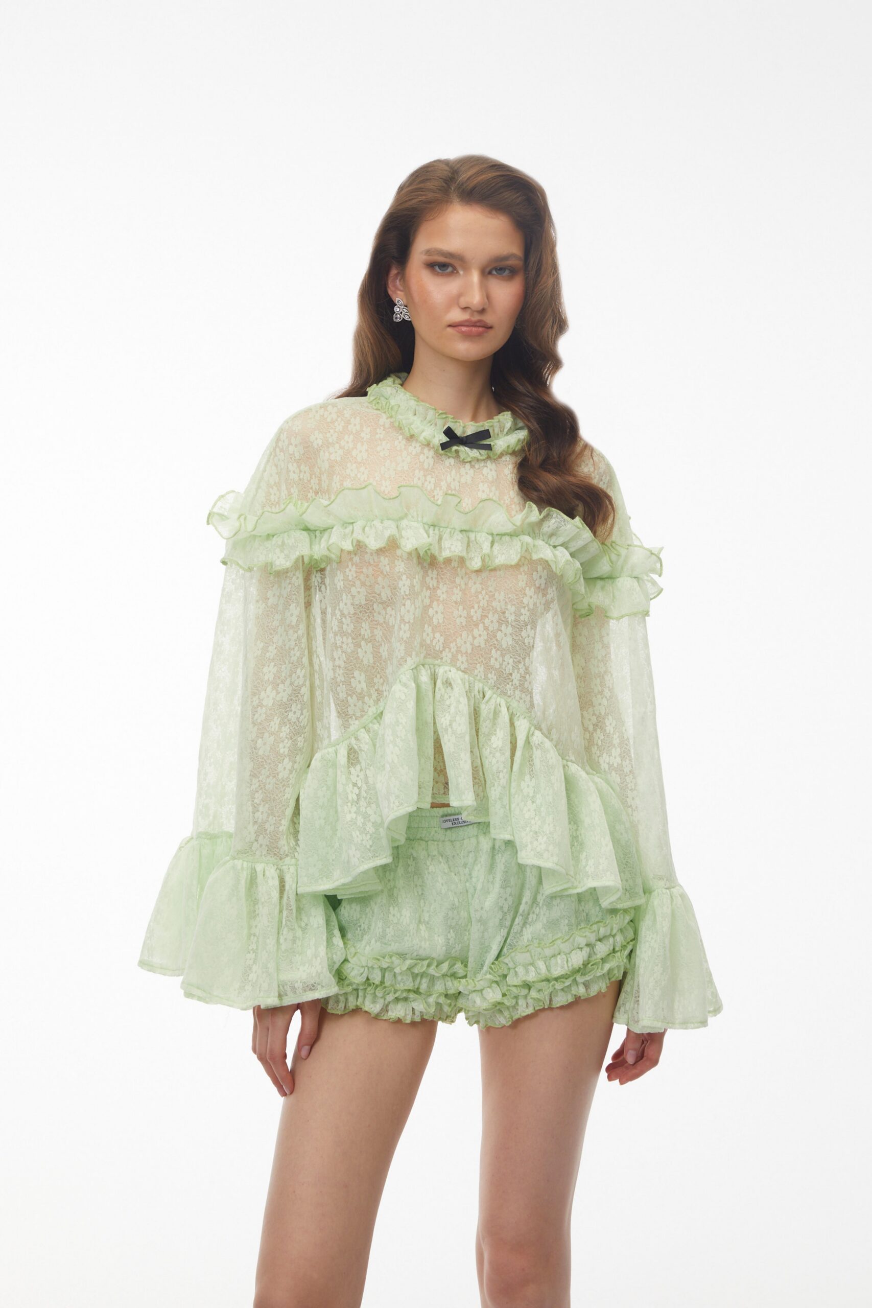 VANESSA MINT GREEN LACE RUFFLED TOP & SHORTS SET