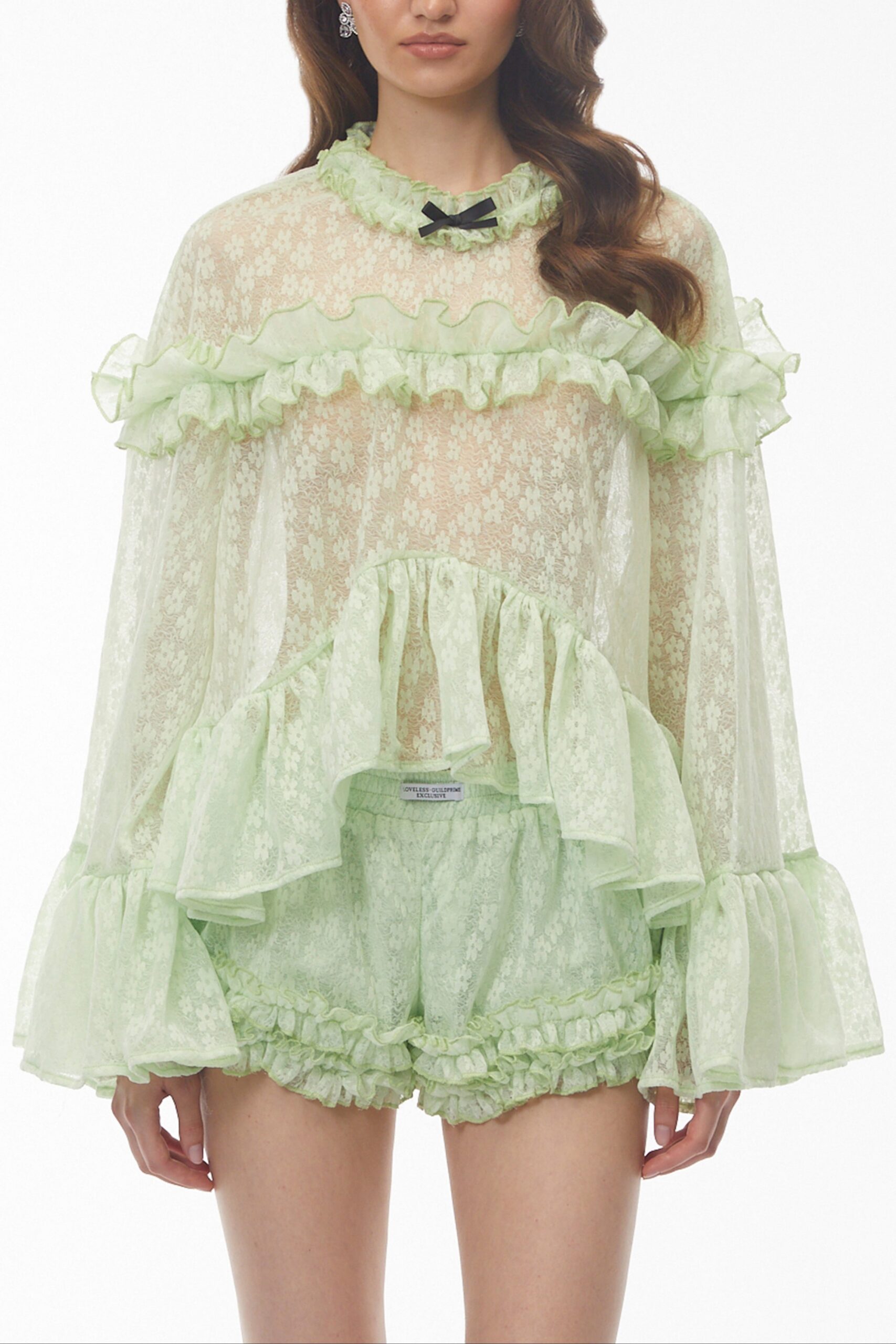 VANESSA MINT GREEN LACE RUFFLED TOP & SHORTS SET