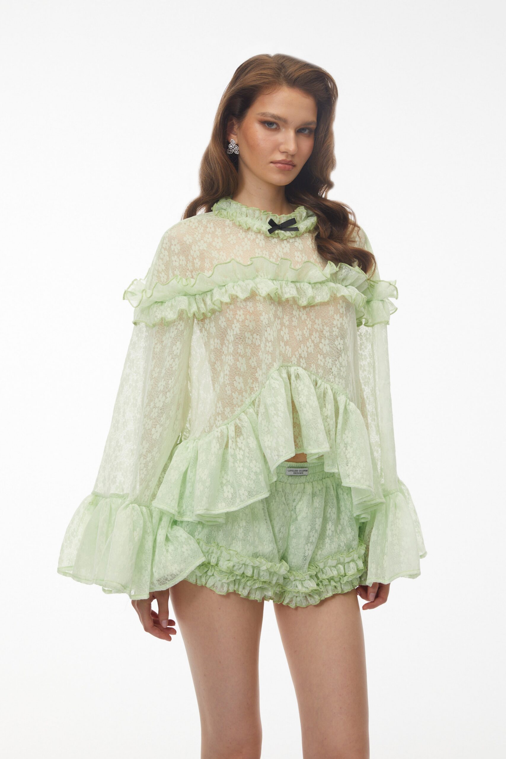 VANESSA MINT GREEN LACE RUFFLED TOP & SHORTS SET