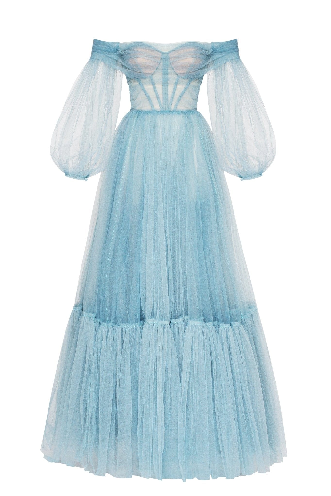 OCEAN WAVE SHEER SLEEVE TULLE MAXI DRESS