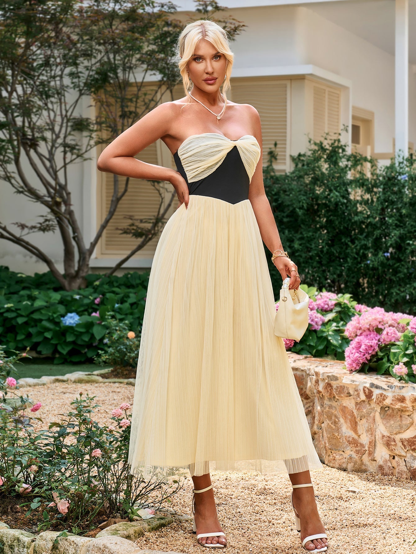 CONTRAST RUCHED MESH MIDI TUBE DRESS