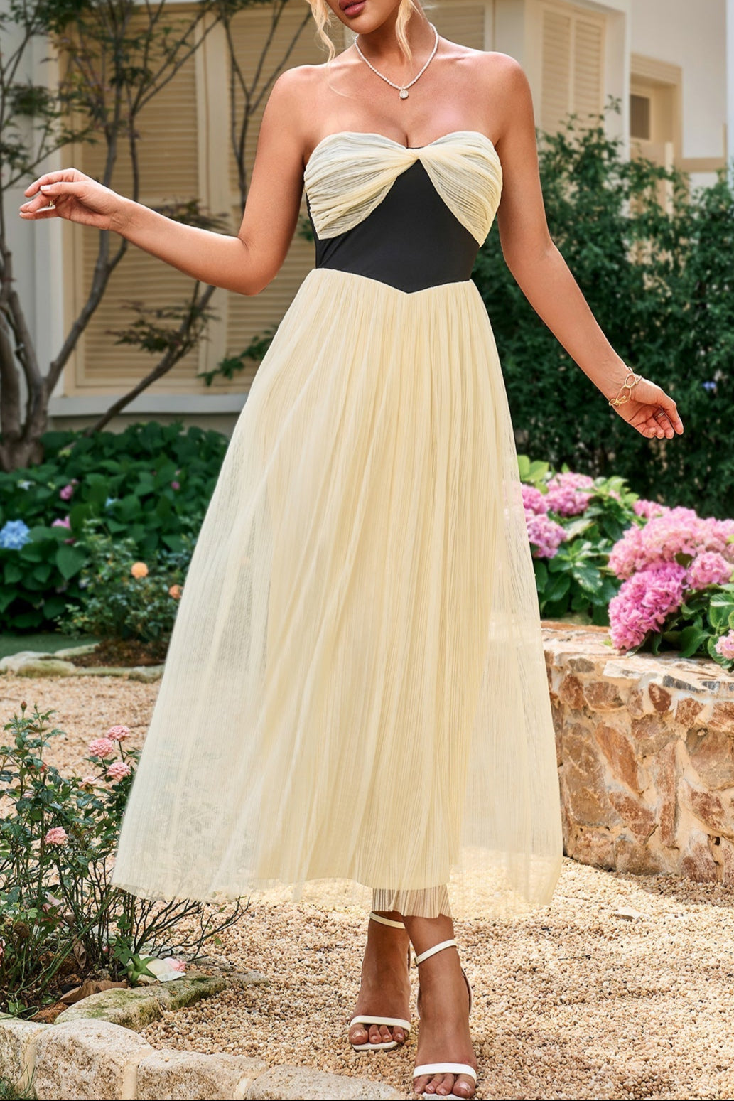 CONTRAST RUCHED MESH MIDI TUBE DRESS