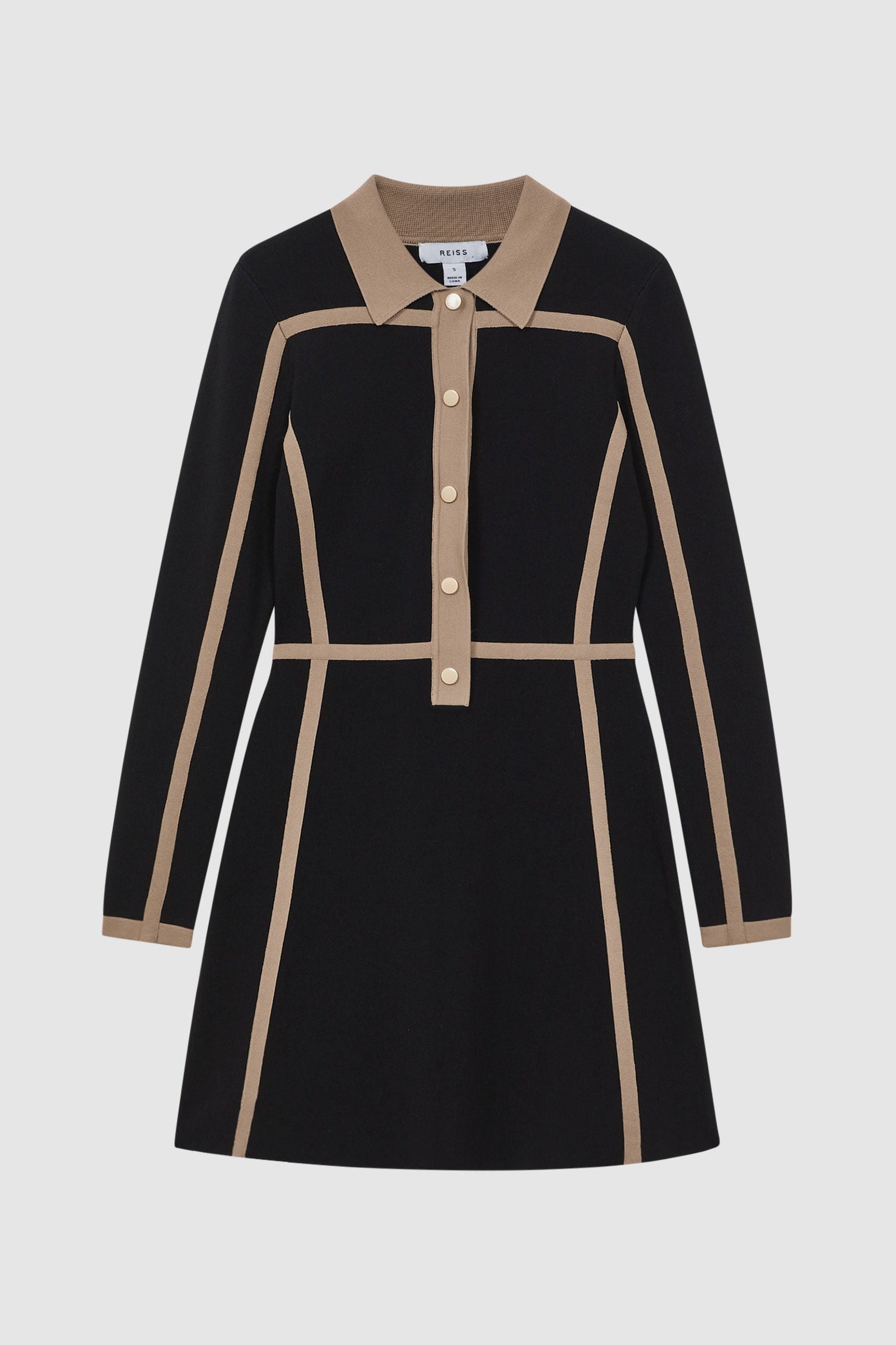 CONTRAST TRIM PRESS-STUD MINI DRESS BLACK/CAMEL