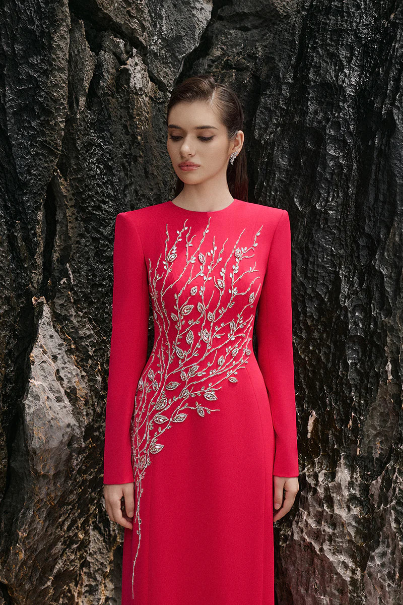 HILARY RED CRYSTAL MAXI DRESS, PADDED SHOULDER EVENING GOWN