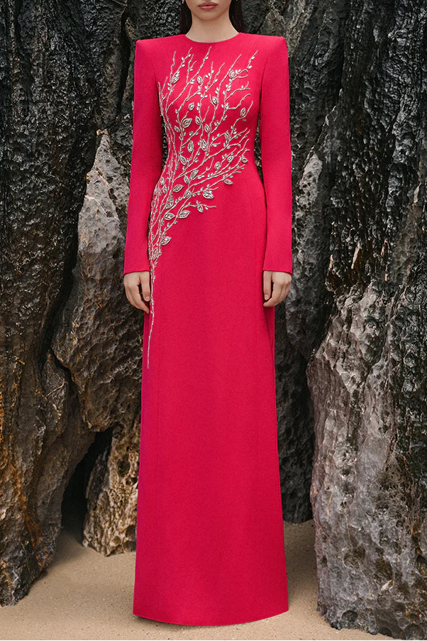 HILARY RED CRYSTAL MAXI DRESS, PADDED SHOULDER EVENING GOWN