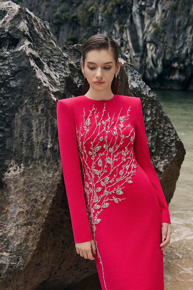 HILARY RED CRYSTAL MAXI DRESS, PADDED SHOULDER EVENING GOWN