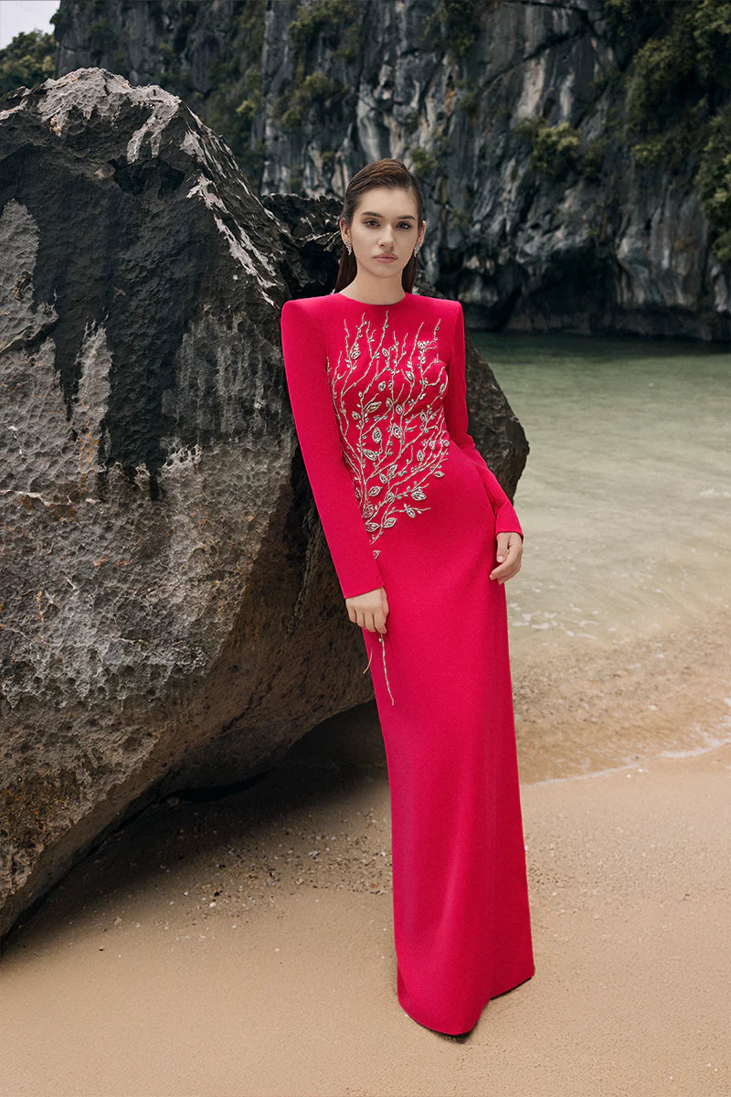 HILARY RED CRYSTAL MAXI DRESS, PADDED SHOULDER EVENING GOWN