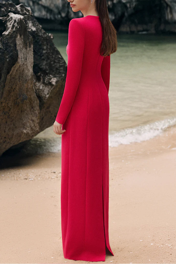 HILARY RED CRYSTAL MAXI DRESS, PADDED SHOULDER EVENING GOWN