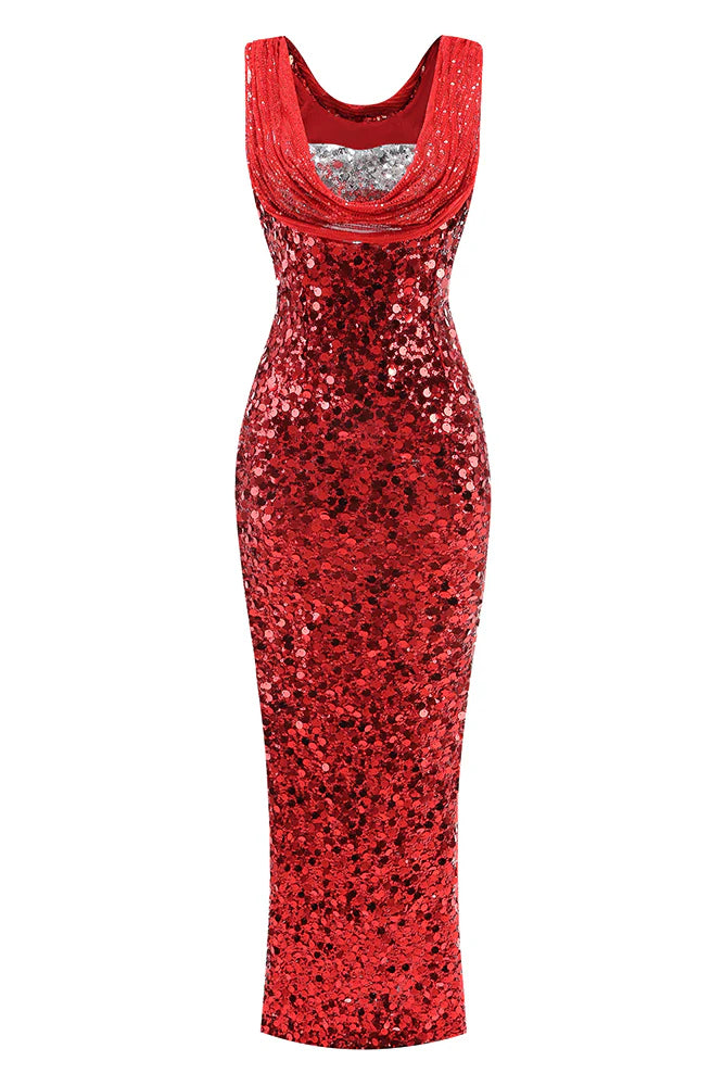 BASIA SLEEVELESS SEQUIN RED MAXI DRESS